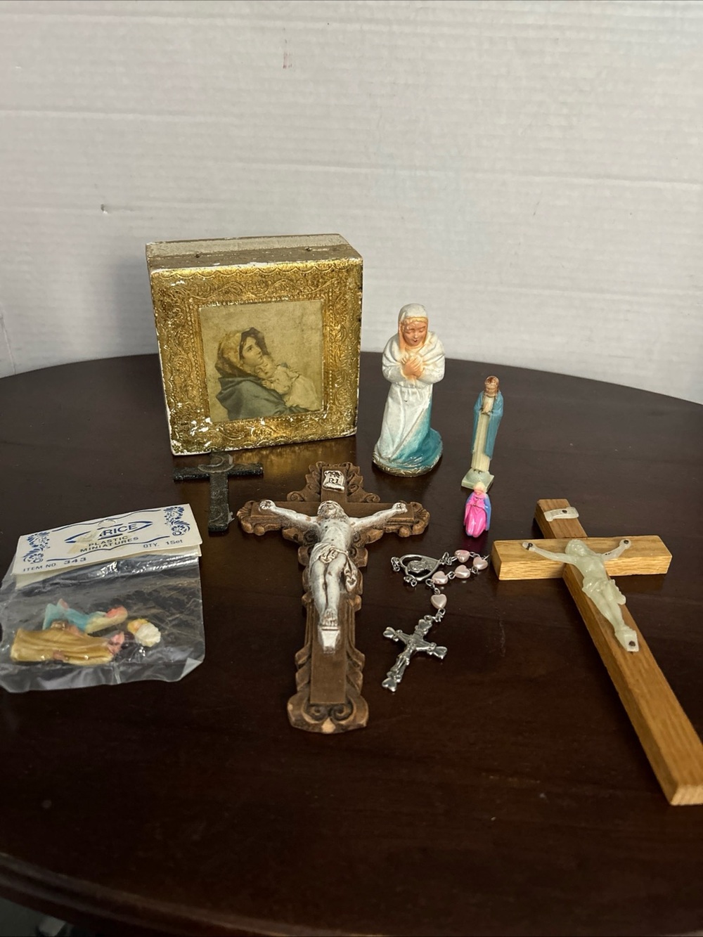Vtg 1960’s Religious Figurine and Cross Collection - Assorted Blue, White, Gold